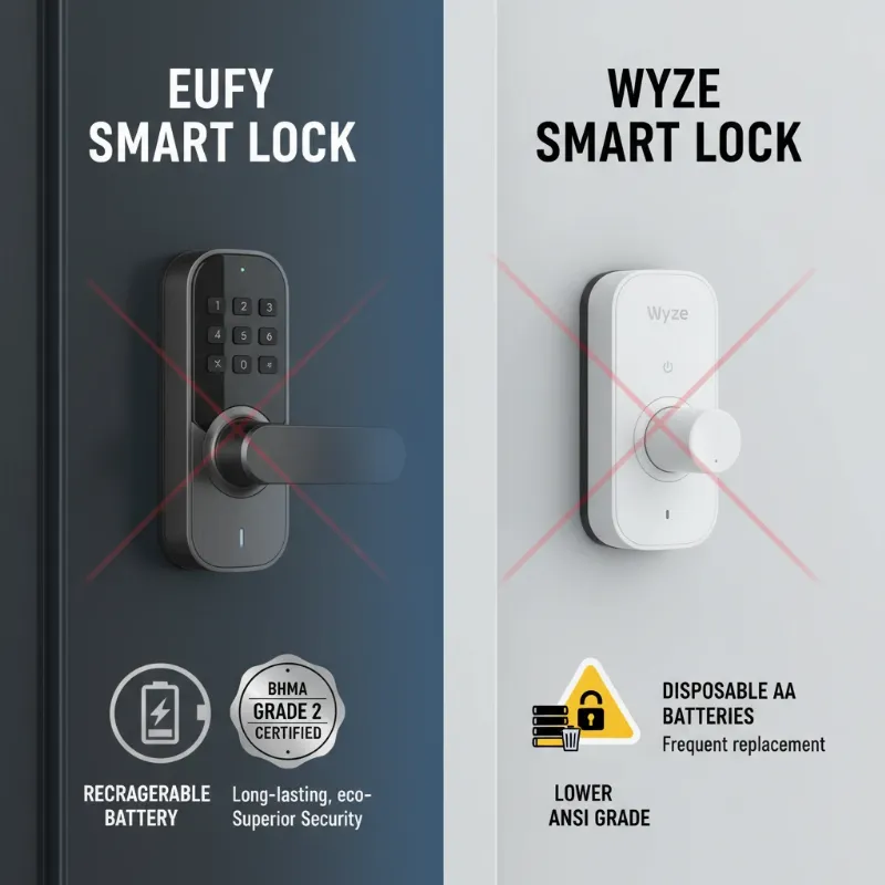 Comparison of Eufy and Wyze smart locks, highlighting security certifications and battery types.
